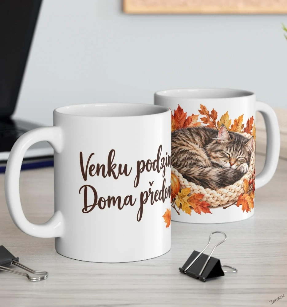 Podzimní hrnek s kočkou – „Venku podzim, doma předení."