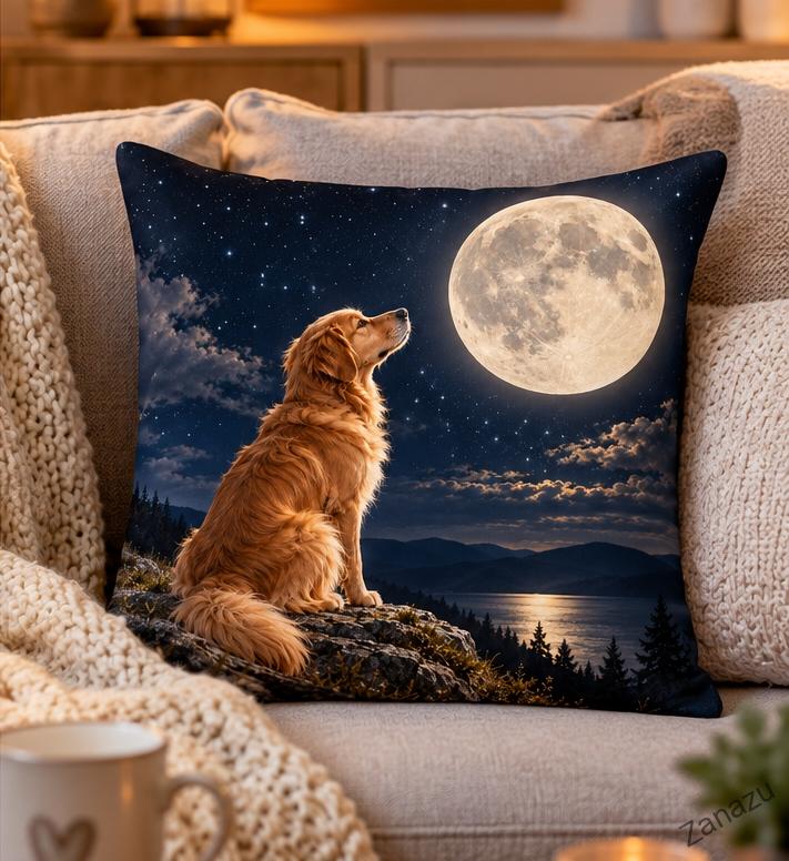 Polštář Zlatý retrývr pod měsíčním svitem – 40 × 40 cm