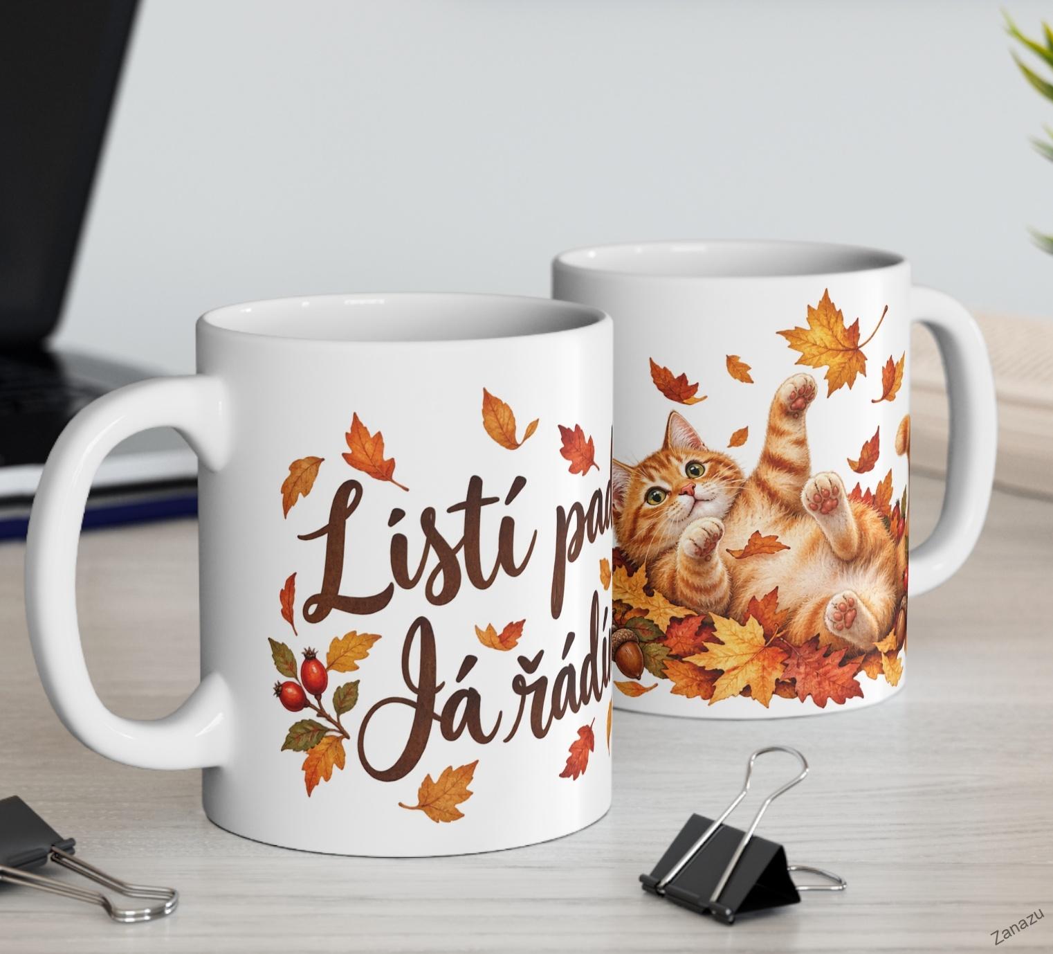 Podzimní hrnek s kočkou – „Listí padá. Já řádím.“