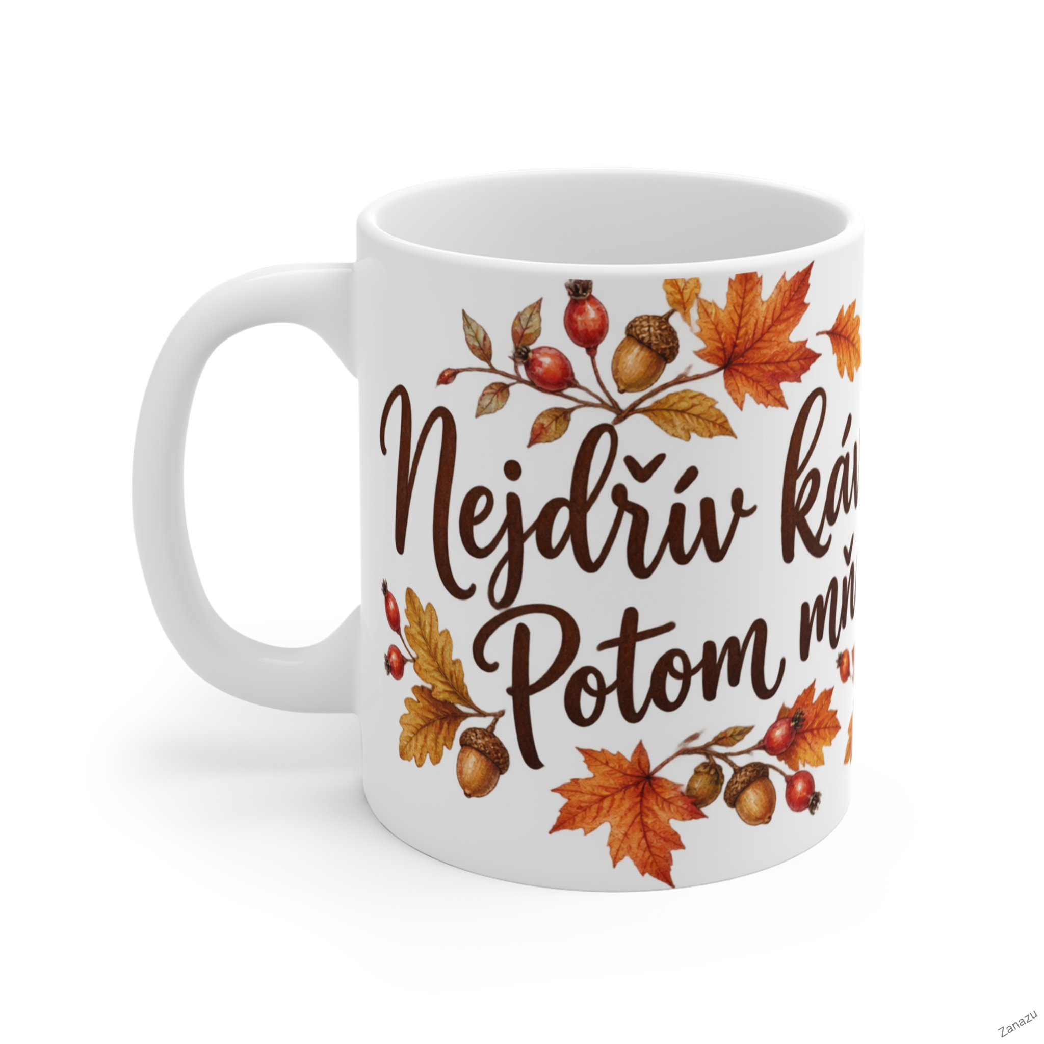 Podzimní hrnek s kočkou – „Nejdřív káva. Potom mňau.“