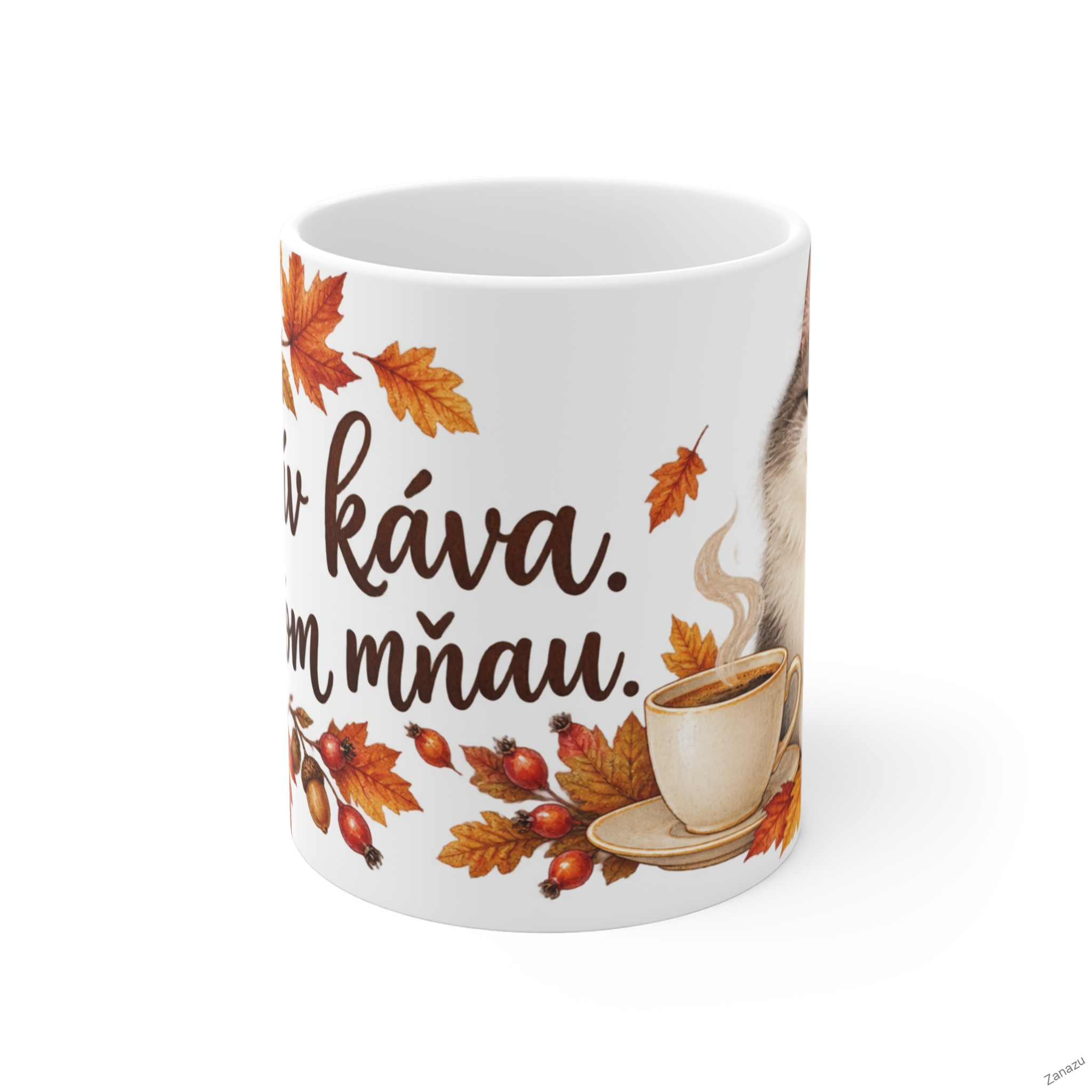Podzimní hrnek s kočkou – „Nejdřív káva. Potom mňau.“