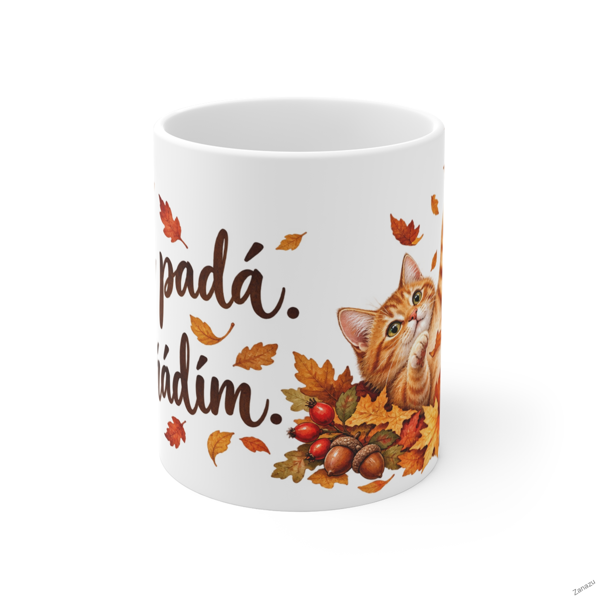 Podzimní hrnek s kočkou – „Listí padá. Já řádím.“